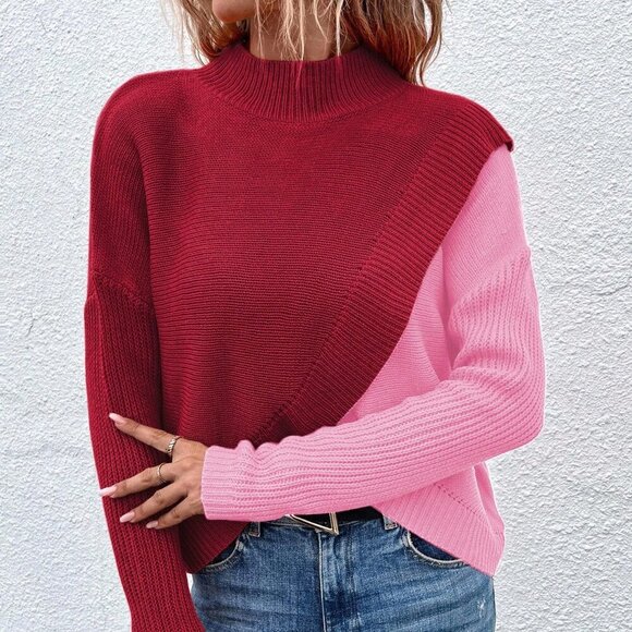 Multicolor Casual Women's Color Block Stand Collar Wrap Sweater - Picture 4 of 6